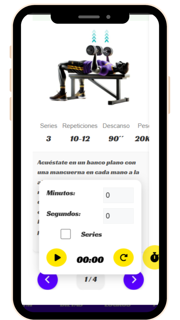 Pantalla de móvil con la app de rutina gimnasio