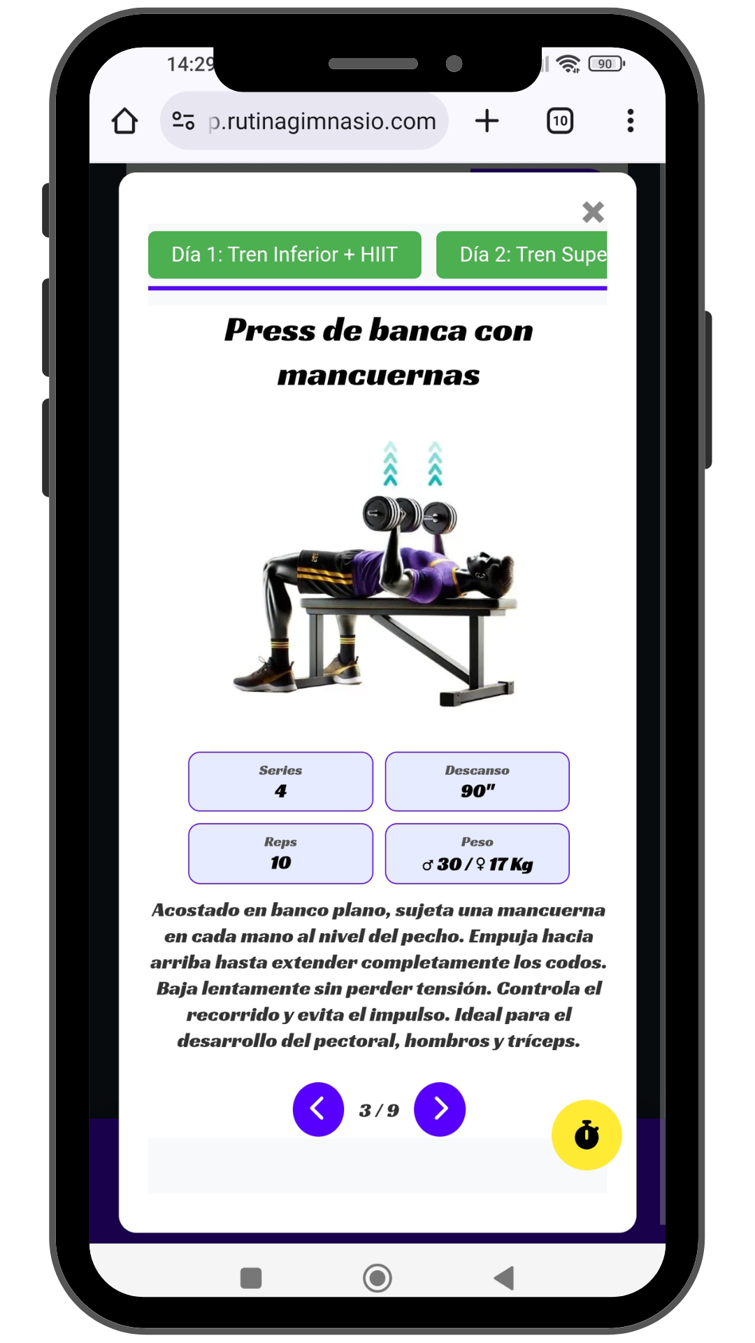 Dashboard de entrenamiento en la App de Rutina Gimnasio